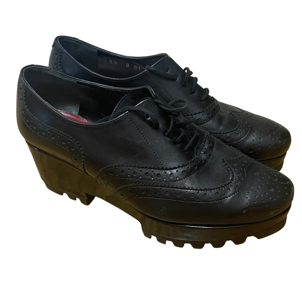 Robert Clergerie Black Leather Wingtip Oxford Platform Block Heel Women's 5.5 B